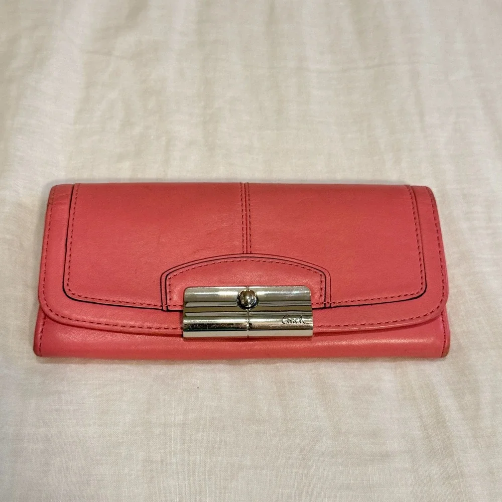 Coach Coral Pink Leather Slim Envelope Turnlock Wallet Silver Hardware
